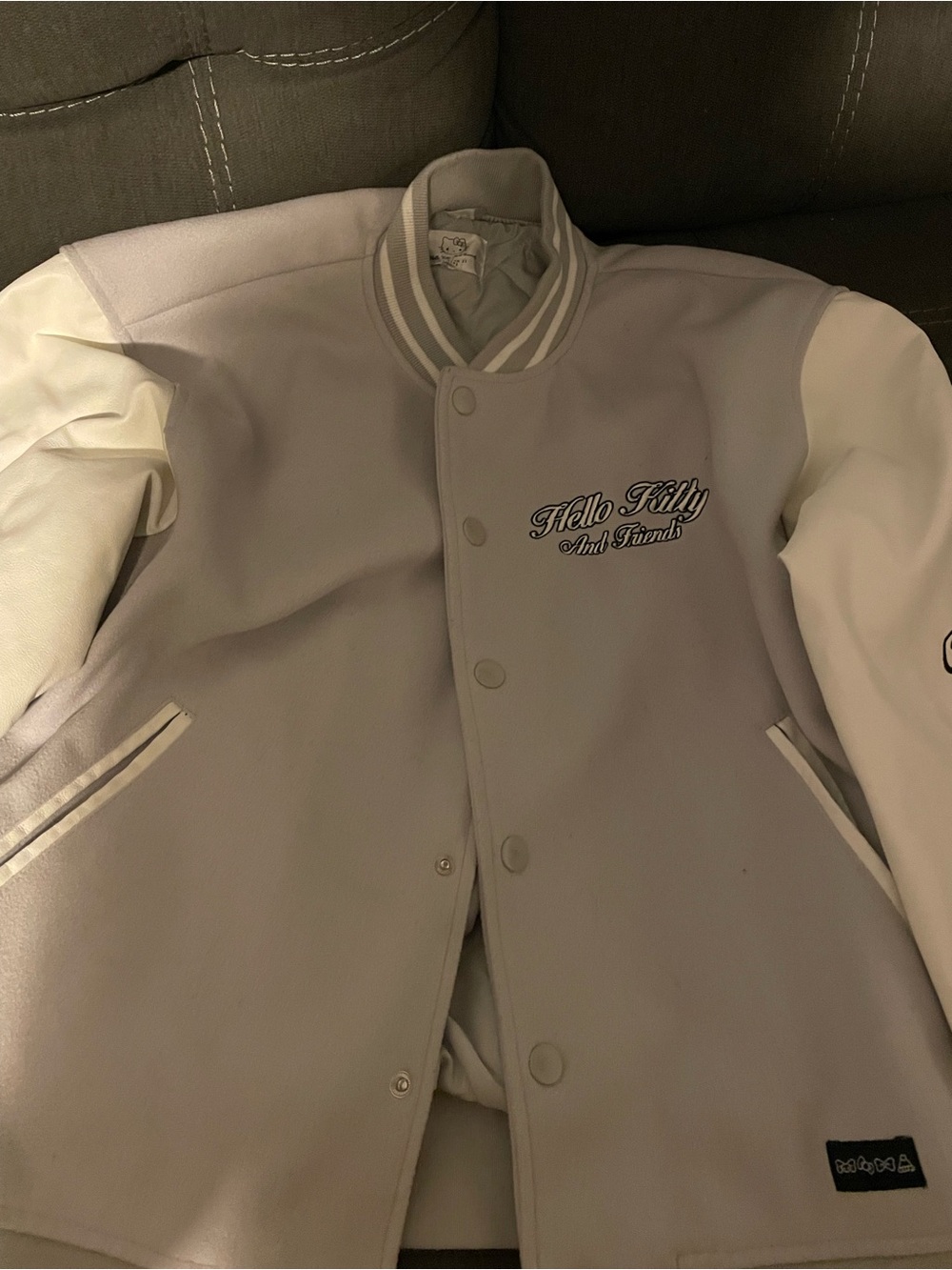 Forever 21 Men's Light Gray & White Varsity Jacket - Hello Kitty Detail